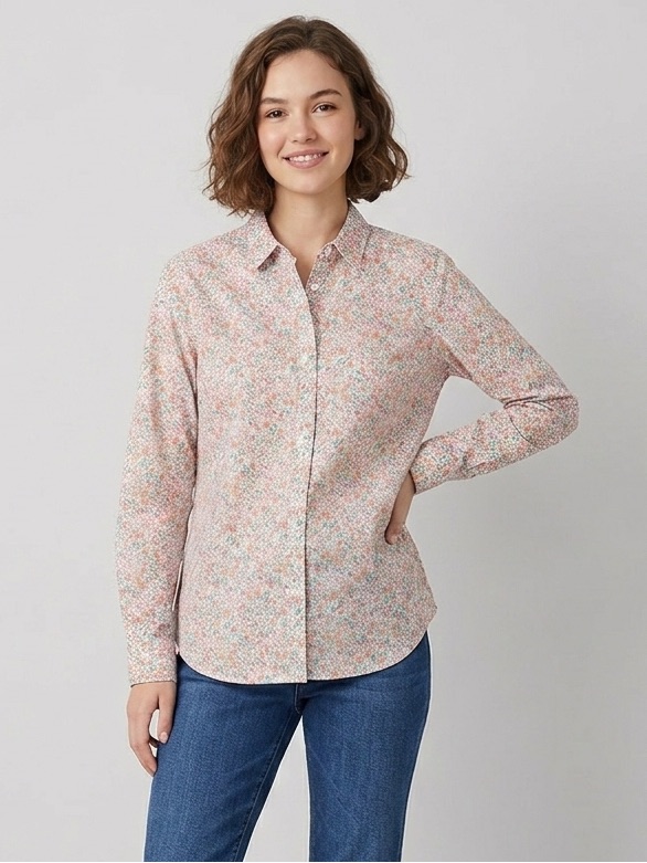 Garnet Hill Floral Multicolor Ditsy-Print Button-Down Shirt, Size 10, Cotton